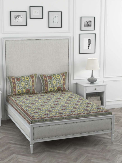 100% Pure Cotton Traditional Printed Bedsheet for Double Bed King Size Bedsheet with 2 Pillow Covers
