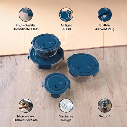 UMAI Borosilicate Glass Containers Set of 4 | Round | 420ml 660ml 950ml 1300ml | Airvent Lid