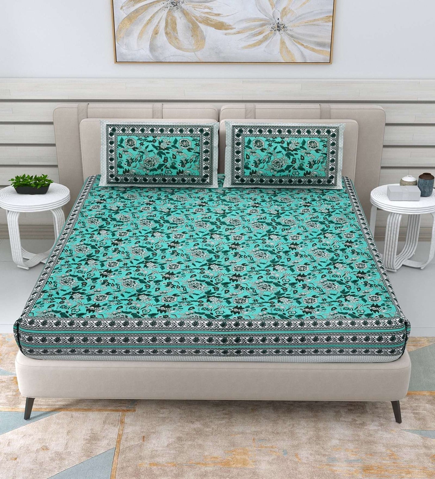 100% Pure Cotton Traditional Printed Bedsheet for Double Bed King Size Bedsheet with 2 Pillow Covers