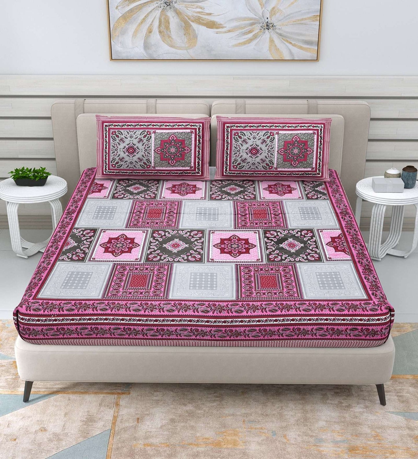 100% Pure Cotton Traditional Printed Bedsheet for Double Bed King Size Bedsheet with 2 Pillow Covers