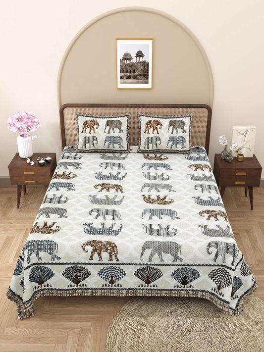 100% Pure Cotton Traditional Printed Bedsheet for Double Bed King Size Bedsheet with 2 Pillow Covers