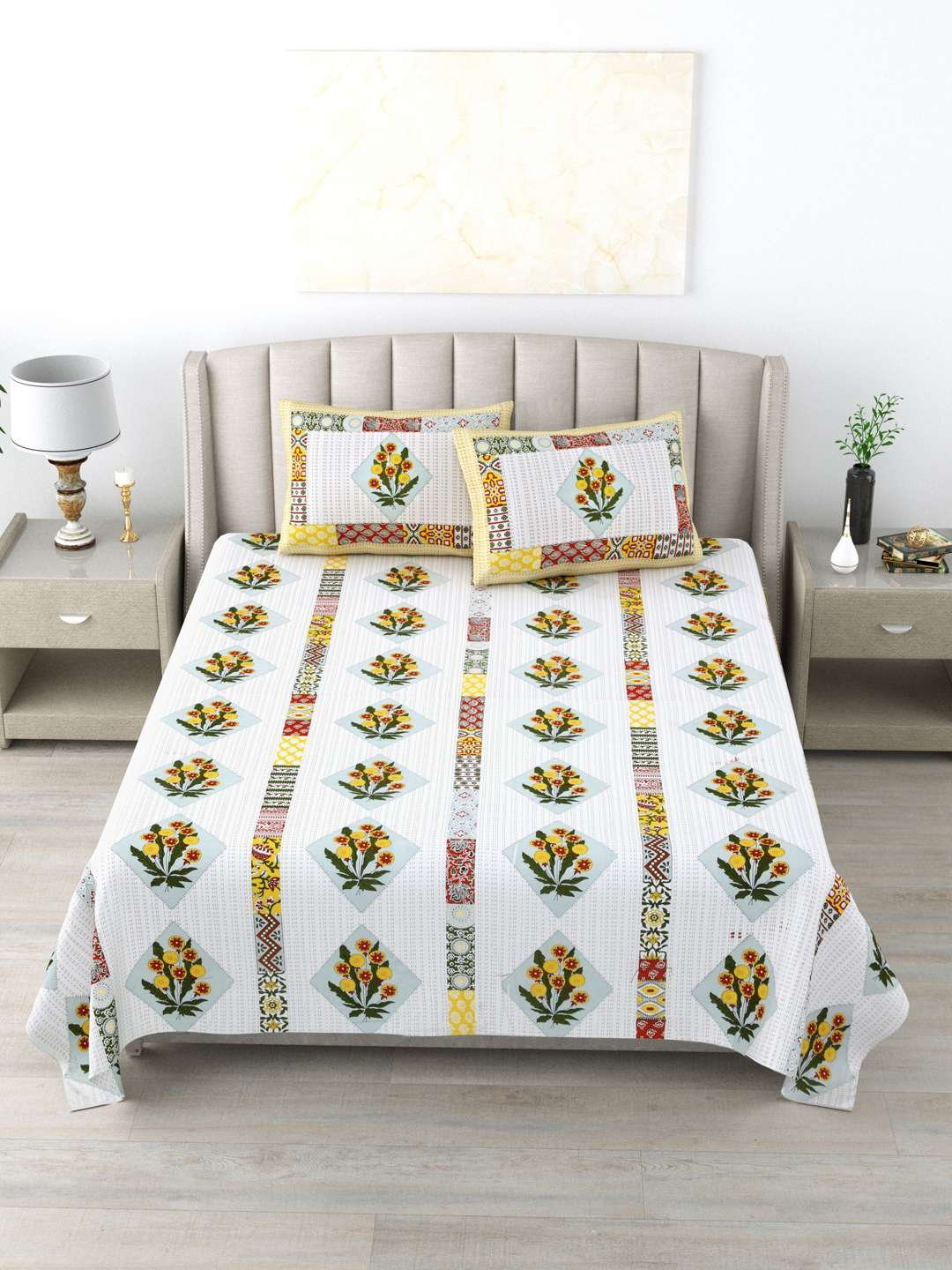 100% Pure Cotton Traditional Printed Bedsheet for Double Bed King Size Bedsheet with 2 Pillow Covers
