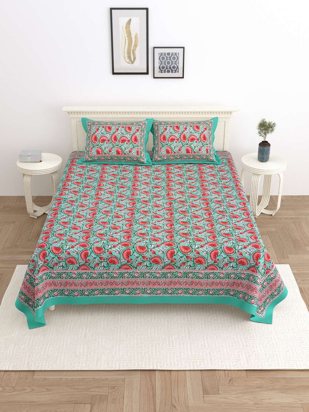 100% Pure Cotton Traditional Printed Bedsheet for Double Bed King Size Bedsheet with 2 Pillow Covers