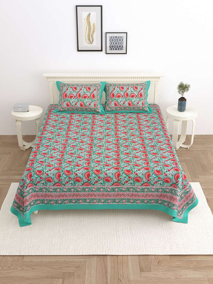 100% Pure Cotton Traditional Printed Bedsheet for Double Bed King Size Bedsheet with 2 Pillow Covers