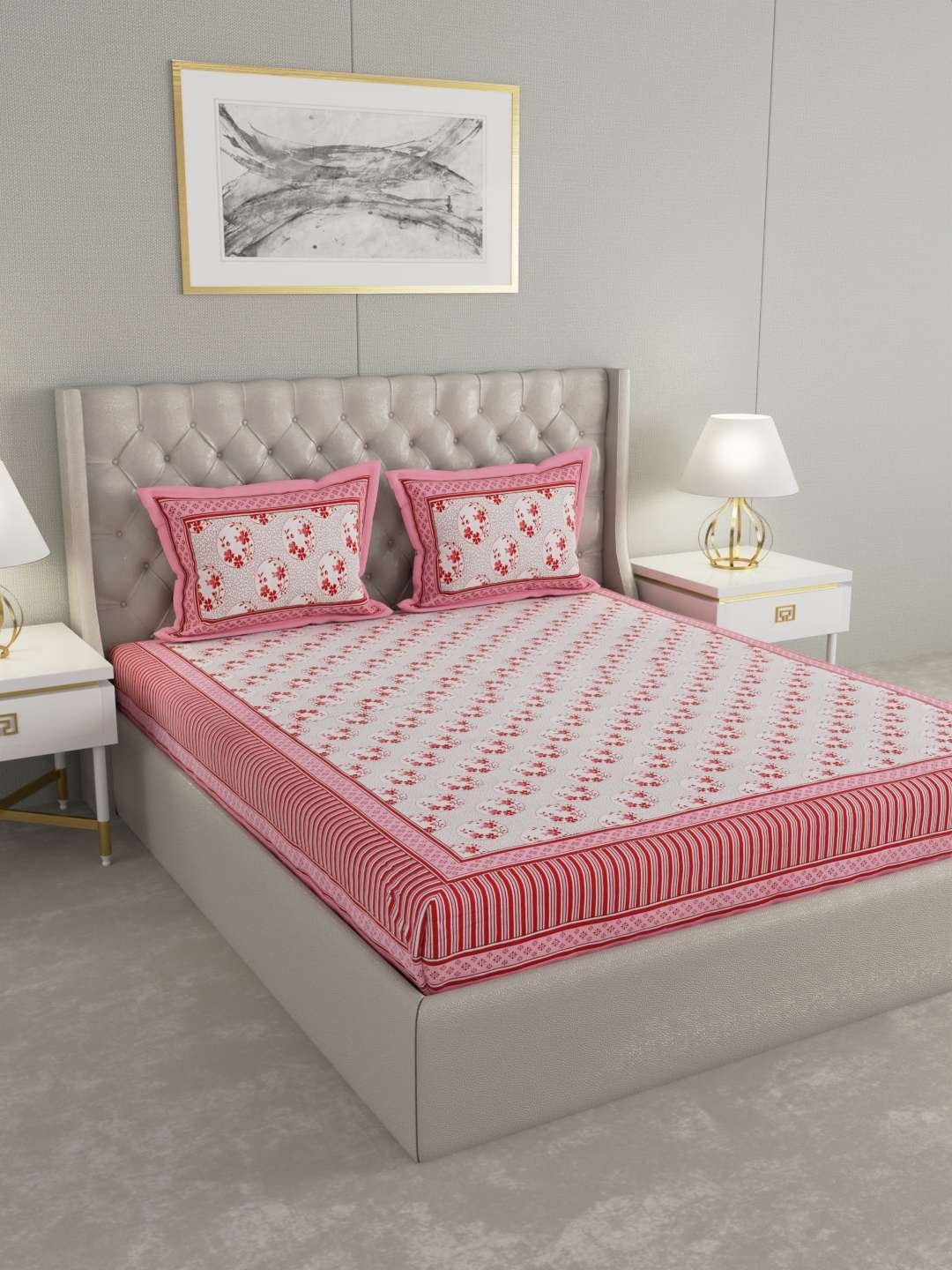 100% Pure Cotton Traditional Printed Bedsheet for Double Bed King Size Bedsheet with 2 Pillow Covers