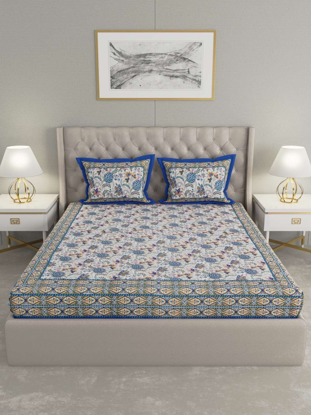 100% Pure Cotton Traditional Printed Bedsheet for Double Bed King Size Bedsheet with 2 Pillow Covers