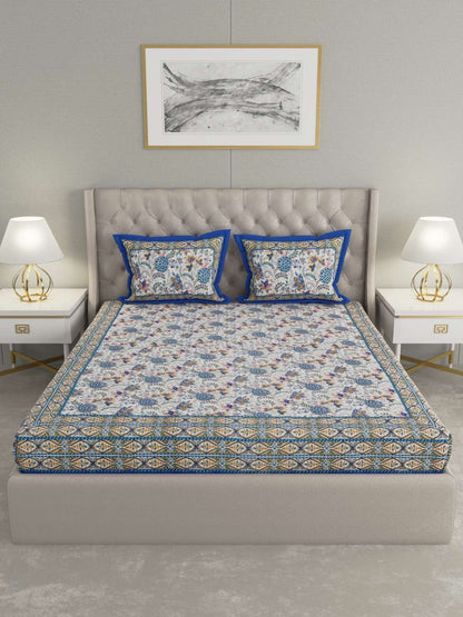 100% Pure Cotton Traditional Printed Bedsheet for Double Bed King Size Bedsheet with 2 Pillow Covers