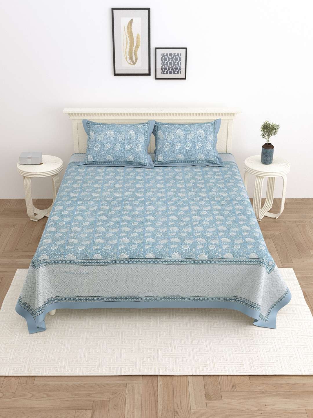 100% Pure Cotton Traditional Printed Bedsheet for Double Bed King Size Bedsheet with 2 Pillow Covers