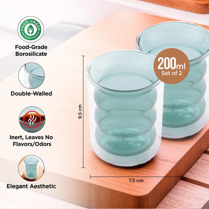 UMAI Double Wall Borosilicate Glass Coffee Mugs Set of 2 (200ml) | Curvy | Green