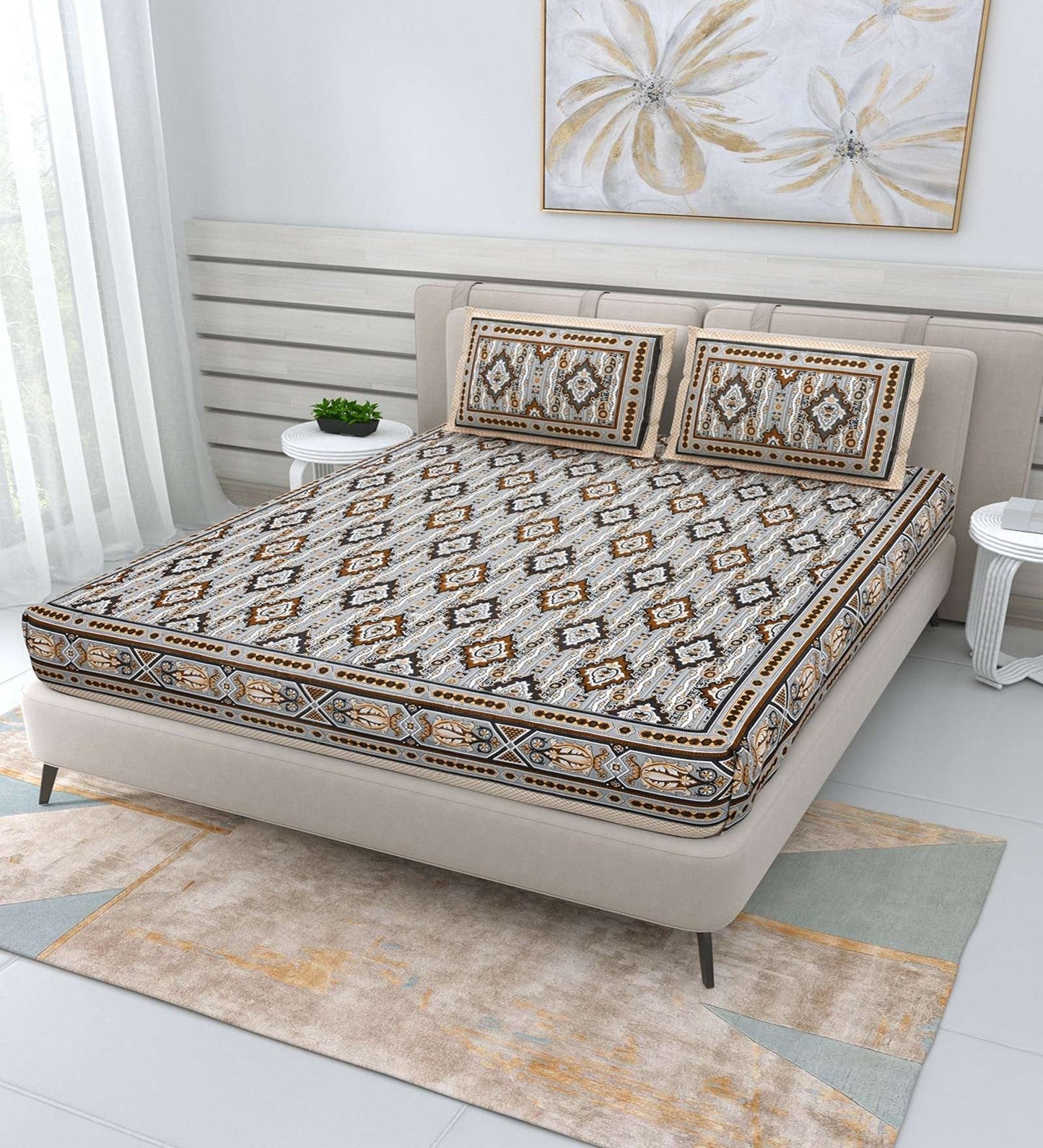 100% Pure Cotton Traditional Printed Bedsheet for Double Bed King Size Bedsheet with 2 Pillow Covers