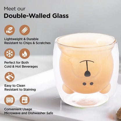UMAI Pack of 2: Cute Teddy Bear Double Walled Borosilicate Glass Mugs | 250ml | Amber