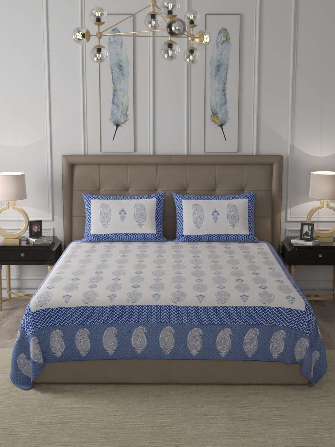 100% Pure Cotton Traditional Printed Bedsheet for Double Bed King Size Bedsheet with 2 Pillow Covers